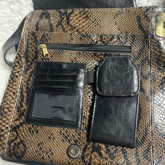 Snakeskin Pattern black and brown synthetic bucket style Shoulder Bag black trim - Picture 11 of 13